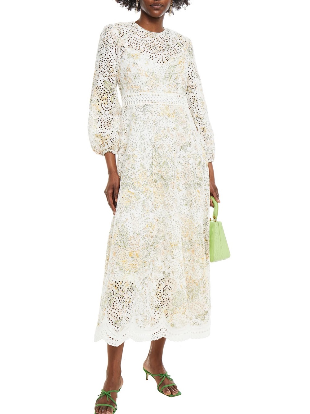 Lace Embroidered Floral Print Broderie Anglaise Cotton Midi Dress With Slip - S